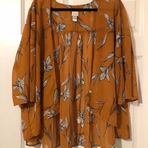 Gold Floral Pleated Sheer Kimono